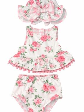 Reversible Baby Floral Two-Piece Swim Set with Matching Sun Hat - Pink Roses